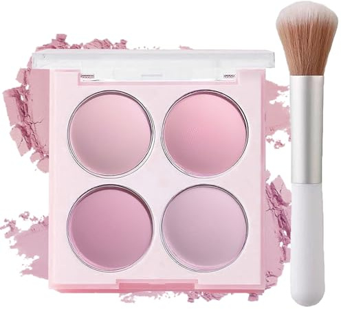 Pressed Powder Blusher Palette, 4 Cool Pink and Mauve Shades with Brush | Square Translucent Pale Pink Compact, Clear Hinged Lid, Dual-Ended Applicator, for Everyday Cheek Colour or Custom Blending