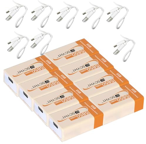 SSCYHT Batteries Lithium 9 V Batterie USB Rechargeable 9 V Batterie Lithium-ION pour détecteur de fumée et radios Portables Batteries 5850 mAh avec câble Type-C,9v5850mah 8pack