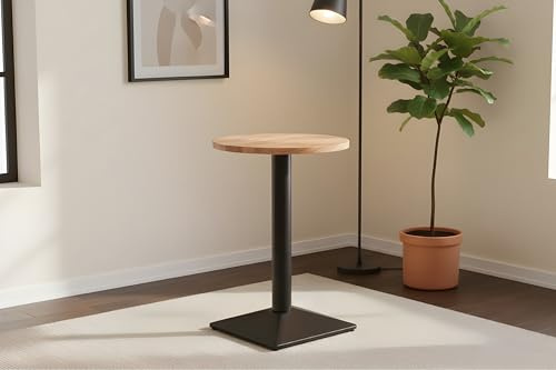 SAM Bistrotisch Emilio | Ø 50 cm Rund | Akazienholz massiv | Farbe: Natur | gerade Kante | schwarzes Säulengestell aus Metall eckige Base | Säulentisch/Esstisch für Küche, Café & Essbereich