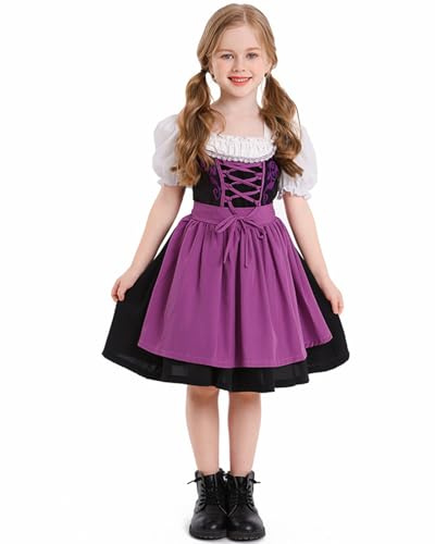 Generico Abito Dirndl Oktoberfest da Ragazze Vestito Tradizionale Dirndl Bambina Tradizionale Tedesco Costume Abiti Birra Bavarniano Vestiti Tirolese Gonna Corta per Oktoberfest Carneval (Purple, S)