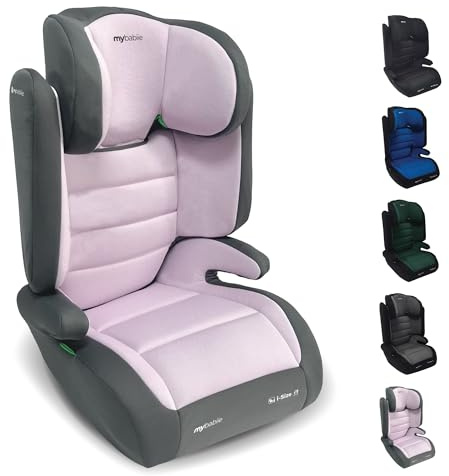 My Babiie MBCSB30 Highback Booster Car Seat - 100-150cm (Approx. 4-12 Years, Group 2/3), i-Size R129, Adjustable Child High Back Seat, Padded, 8 Position Headrest - Pink & Grey