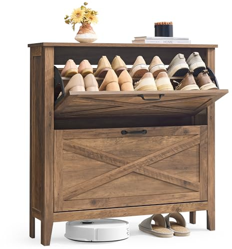 VASAGLE LIRY Colección - Mueble Zapatero, con 2 Cajones Abatibles, Zapatero Estrecho Independiente para Entrada, Estilo Rústico, para 12 a 16 Pares, Marrón Miel HSC201K01