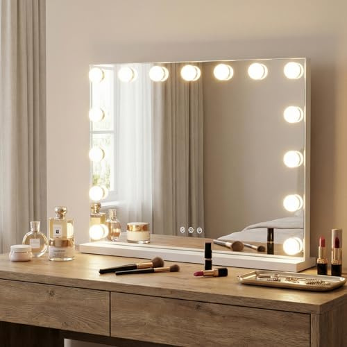 RELAX4LIFE Specchio Trucco con Luci, Hollywood Specchio Cosmetico da Tavolo con 15 Lampadine, 3 Colori di Luce, Luminosità Regolabile, Controllo Tattile, per Camera da Letto (58 x 43 cm)