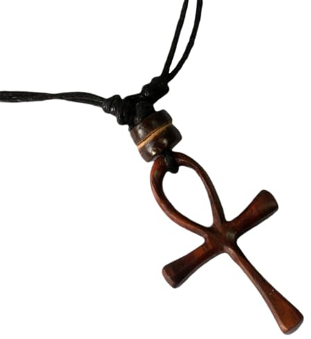 Island Piercings Handgeschnitzte Ankh Halskette aus Holz – Ägyptisches Henkelkreuz & Lebensschleife am verstellbaren Baumwollband