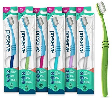 Preserve Eco Friendly Adult Toothbrushes, Made in The USA from Recycled Plastic, Lightweight Package, Ultra Soft Bristle BPA Free Tooth Brush, Colors Vary, 6 Pack