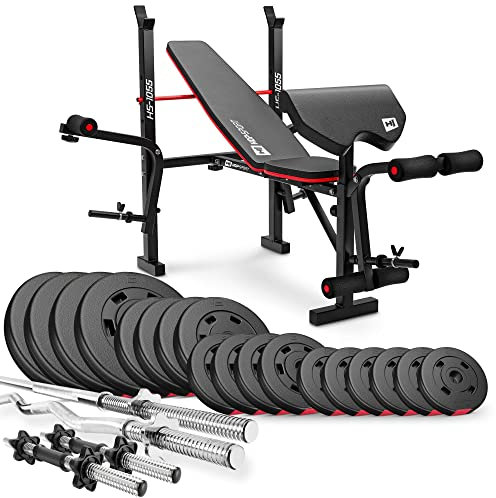 Hop-Sport Hantelbank mit Curlpult, Butterfly, Beincurler & klappbarer Trainingsbank, inkl. 79 kg Hantelset, SZ-Stange, Langhantel, Kurzhanteln – Fitnessbank für Heimtraining