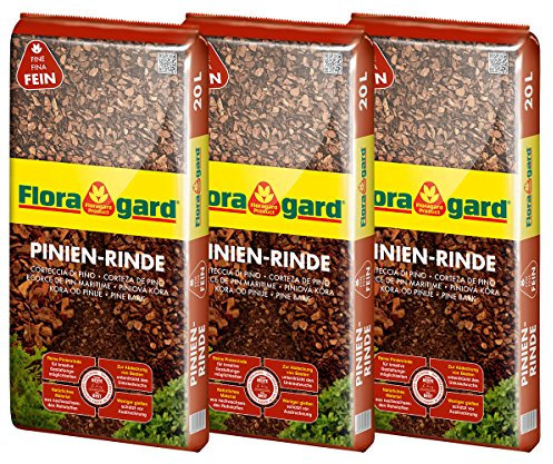 Floragard Mulch Pinienrinde 2-8 mm 3x20 L • superfein • dekorativer Bodenbelag • unterdrückt Unkrautwuchs • naturbelassen • für mediterranes Flair • 60 L • auch zur Kübel-Abdeckung, erdfarben, 114873