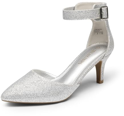 DREAM PAIRS Womens Court Shoes Pointed Toe Low Kitten Heel Ladies Pumps Ankle Strap Dress Sandals,Size 5,Silver/Glitter,LOWPOINTED