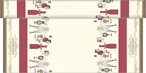 Sovie HORECA Tischdeckenrolle Celebration in Champagner-Bordeaux aus Linclass® Airlaid 120 cm x 25 m, 1 Stück – Design mit Sektgläsern, Weingläsern, Flaschen & Ornamenten