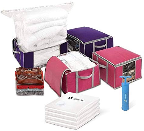 VOUNOT 4 Pezzi Scatole per Vestiti e 4 Pezzi Sacchetti Sottovuoto Salvaspazio Riutilizzabili con Pompa, per Lenzuola, Piumoni, Cuscini, Coperte