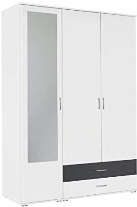 Rauch Möbel Noosa Schrank Drehtürenschrank, Weiß-Grau metallic, Schwarz, 3-türig mit Spiegel und 2 Schubladen, inkl. Zubehörpaket Basic 1 Kleiderstange, 3 Einlegeböden BxHxT 127x188x52 cm
