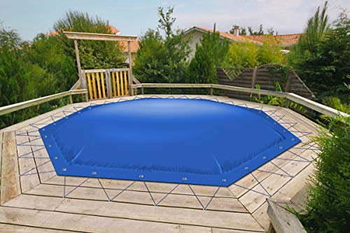 AirDeluxe Aufblasbare achteckige Poolabdeckung Poolplane aus LKW Plane 680 g/m² (1360g/m²) - stabile Winter Abdeckung (500cm x 500cm, Blau RAL5002)