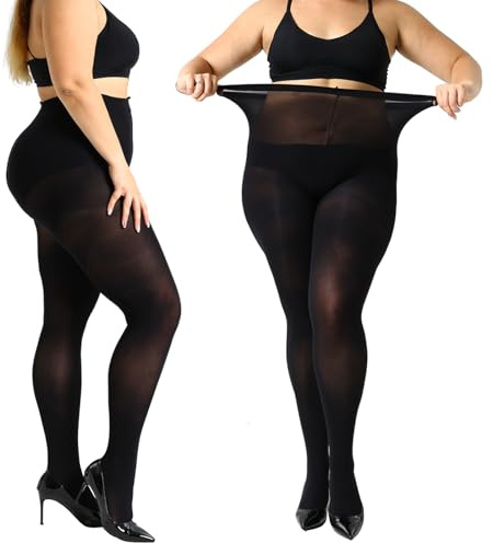 MANZI 2 Pairs 70 Denier Women's Plus Size Tights Stretch Opaque Control Top Tights Black X-Large