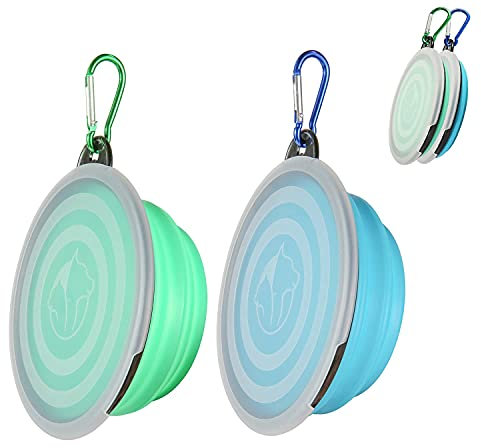 SLSON 2 cuencos de viaje plegables para mascotas, con tapa y gancho, portátil, de silicona, para gatos, perros, viajes, senderismo, camping (350 ml, azul claro y azul claro)