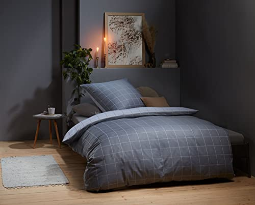 Bettwaesche-mit-Stil Mako Satin Wende Bettwäsche Porto kariert anthrazit (Garnitur 155x220 + 80x80 cm)