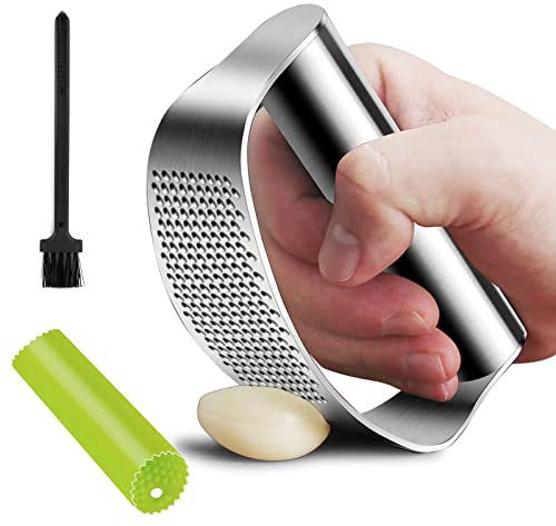 G-LTECK Knoblauchpresse, Knoblauchpresse Wippe, Knoblauchpresse Edelstahl: Crusher Knoblauch Ingwer Presse Wippe mit Silikon Knoblauchschäler, Reinigungsbürste(3 Stück), TRL-yasuan-FBA