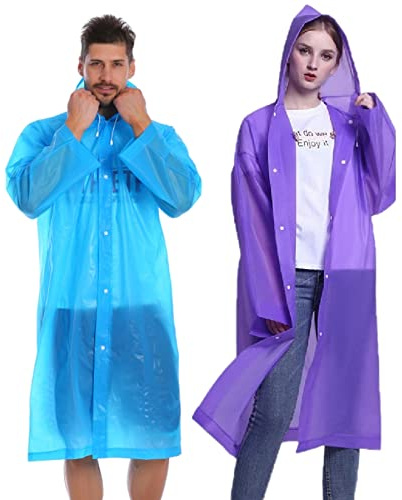 YUNLOVXEE Rain Ponchos for Adults Reusable, 2 Pack Raincoat for Women Men, Waterproof Rain Coat Gear with Hood Drawstring (US, Alpha, One Size, Regular, Regular, Blue+Purple)