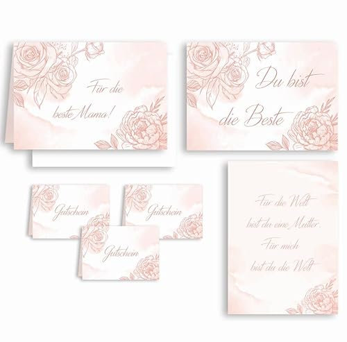 Mama Mutter Geschenk Glückwunschkarte 7 teiliges Set Grußkarte Klappkarte mit Umschlag Gutschein Flaschenaufkleber Blumenaufkleber Sticker Zart Pastell Aqarell alles Gute Alles Liebe Muttertag Mami