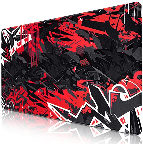 Abetcabe Gaming Mouse Pad, Extended Mouse Pad XXL 800 x 400 mm | Computer Keyboard Mouse Mat Desk Pad with Non-Slip Rubber Base and Stitched Edge for Home Office Gaming Work (Black Red, XXL)