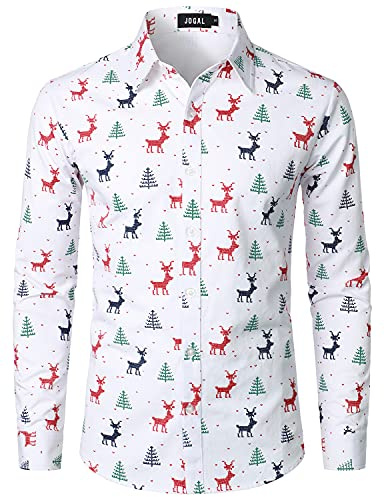 Jogal - Camisa para hombre con estampado navideño original, manga larga y botones, estilo casual, Color blanco., 3XL