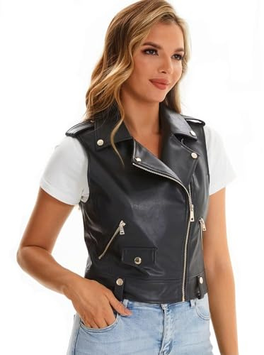 WYOYW Faux Leather Vest For Women Zipper Cropped Sleeveless Biker Moto Slim PU Motorcycle Waistcoat 067 Black M