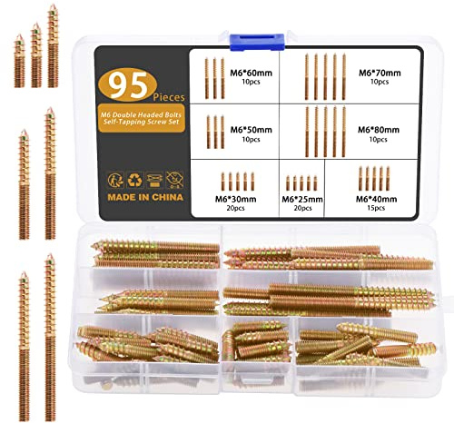 Gueenky 95 Stück Stockschrauben M6, Doppelkopfschrauben Kohlenstoffstahl M6 x 25-80mm Schraubstifte Selbstschneidende, Doppelkopf Schrauben für Holzverbindungen