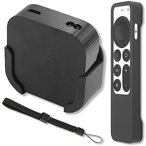 Pinowu Väggmonteringsfäste kompatibel med Apple TV 4K 2022, väggmonteringsfäste med svart silikonskyddsfodral för fjärrkontroll