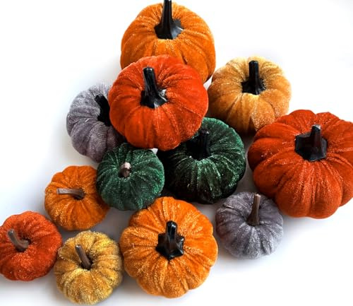 Mauts 12 st konstgjorda höstpumpor, totalt 5 st konstgjorda höstpumpor i fusksammet, bordsprydnad för höst, skörd, tacksägelsefest, halloween, bordsdekor. (Rustisk höstfärg)