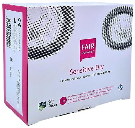 FAIR SQUARED Sensitive Dry Kondome 53 mm 50 Stück – trockenes Kondom aus fair gehandeltem Naturkautschuk – 50er Box Kondome aus Naturlatex gefühlsecht und hauchzart