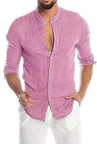 Camicia Uomo di Lino Manica Lunga Slim Fit Casual Estiva Coreana Traspirante Leggera