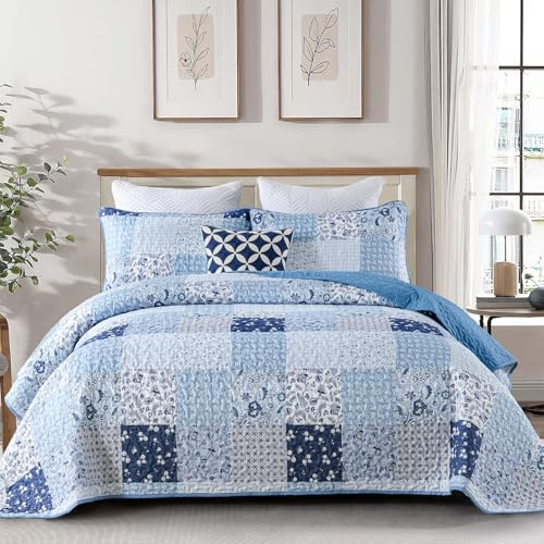Menghomeus Set di biancheria da letto reversibile, per letto king size, stile bohémien, patchwork, floreale, per tutte le stagioni, in morbida microfibra, 264 x 228 cm, colore: blu