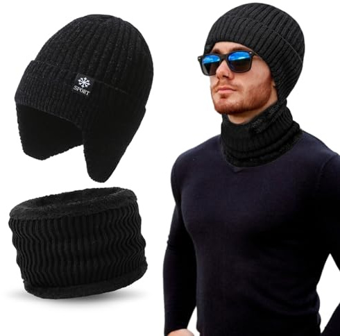 Beamely Winter Beanie Hat and Scarf Set, Thicken Warm Knitted Hat and Neck Warmer, Sports Ski Outdoor Set for Men and Women, Black