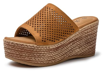 JOMIX Sandalias Mujer Verano con Cuñas Esparto Sandalias Cuña Mujer Piel Sandalias Mujer Comodas Playa Piscina Mar, Marrón, 39 EU