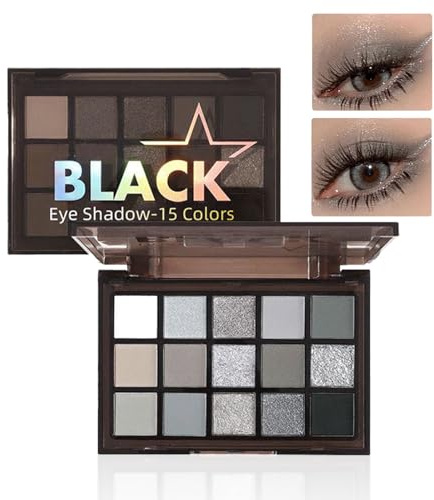 Black Eyeshadow Palettes, Glitter & Matte Eye Shadow Pallets, 15 Colors Smokey Black Silver Gray White Eyeshadow, Long Lasting Highly Pigmented Eyeshadow Makeup Kits For Women