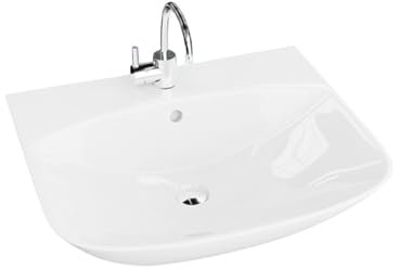 LAVITA Hängewaschbecken Dore | Waschbecken hängend | Waschtisch Rund | Waschbecken mit Überlauf und Hahnloch | Hochwertige Keramik | Badezimmer | 56x47x19 cm | Weiß Glanz