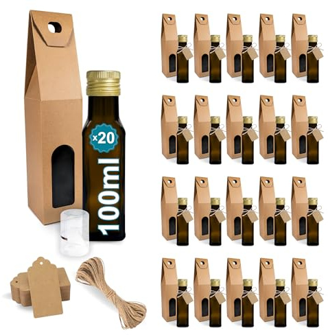 20 Botellas de Cristal Oscuro 100 ml con Tapón de Rosca Dorado + 20 Cajas + 20 sellos + 20 Etiquetas Kraft + Cuerda – Botellas Pequeñas para Aceite de Oliva, Vinagre, Alcohol, Muestras