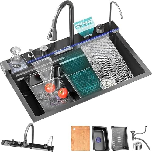 Doppel-Wasserfall-Küchenspüle, Nano-Arbeitsplatzspüle aus schwarzem 304-Edelstahl mit Digitalanzeige, Unterbau-Küchenspüle mit Zubehör, Temperatur-Echtzeitanzeige (S : 80 * 46 * 22cm)