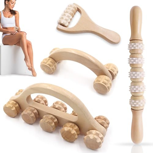 GZjiyu 4 Stk Massageroller Set, Faszienrolle Holz, Faszienroller mit Griff Massageroller für Nacken, Schulter, Beine, Rücken, Ganzkörpermuskulatur