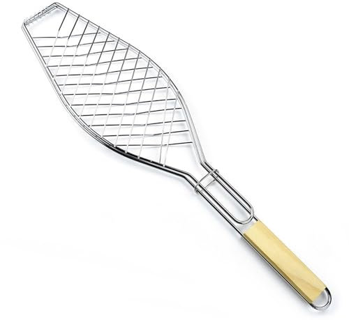 Bayli 36 x 15 cm Fischbräter | Fischgriller mit Holzgriff | Fischkorb für Grill | Fischhalter mit Klammer | Fisch-Grillzange für Gemüse, Garnelen | Faltbare Fischzange | Grillzubehör - Fischgrill