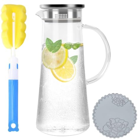 Glaskaraffe 1,5 Liter mit Deckel aus Borosilikatglas, Wasserkaraffe mit Deckel Wasserkrug mit Tropffreiem Ausgießer, Glaskrug 1,5 L für Heiße & Kalte Getränke wie Eistee, Saft, Cocktails