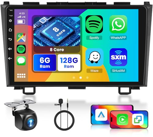 Hodozzy 6G+128G 8-Core Android Radio para Honda CRV 2007-2011 con Bluetooth GPS, Pantalla Táctil de 9 Pulgadas con Carplay Android Auto Mirrorlink Inalámbrico, WiFi, USB, DSP, FM/RDS Radio, Cámara