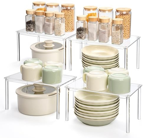 Clear Küchen Organizer, Montierter Gewürzregal, 4er Set Küchenschrank Organizer, Kleine Kücheneckregal, Stapelbare Gewürz Organizer, Tassenregal, Mini Regal Deko Modern für Arbeitsplatte Küche
