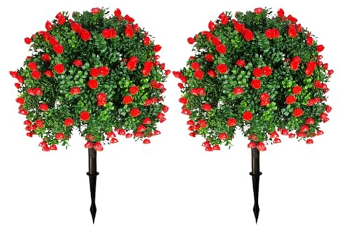 JOYWU Set of 2 Artificial Boxwood Topiary Ball Trees with Red Flowers for Outdoor with Ground Spike 70cm, UV Resistant Faux Greenery Shrubs Bushes, Fake Plants for Garden, Yard, Porch, Patio Decor (A)