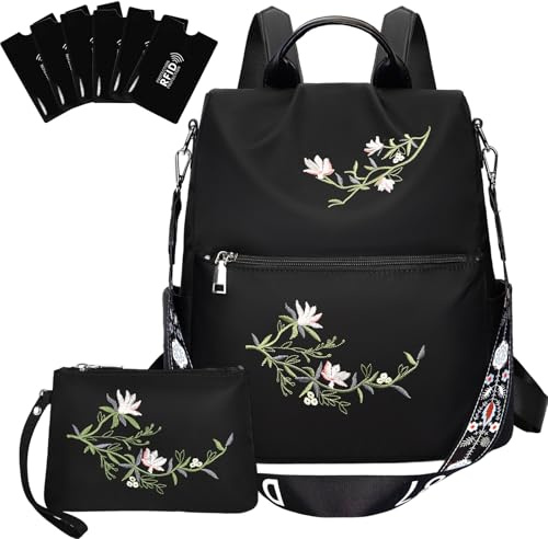 Eshow Petit Sac a Dos Antivol Femme, Sacs à Main Portés Dos Elégant Léger, Sacoche Bandoulière avec Étui anti RFID & Pochette pour Voyage Travail Loisirs Université L'école Noir