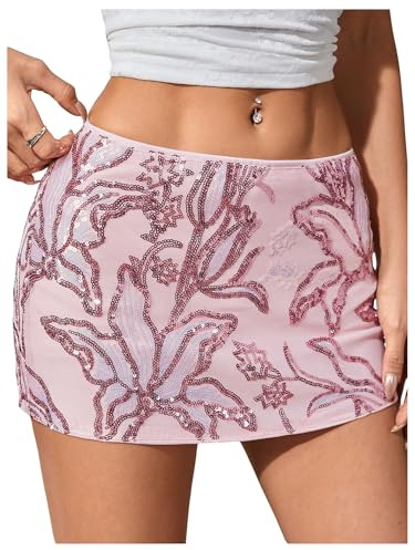 MakeMeChic Women's Floral Sequin Sparkly Mini Skirt Low Waist Bodycon Party Short Skirts Pink Medium
