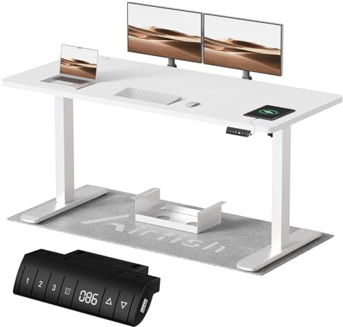 Airfish Höhenverstellbarer Schreibtisch mit USB-Buchse, Elektrisch Schreibtisch mit Kabelwanne, Computertisch, Bürotisch, Stehpult mit Erinnerung an sitzende Tätigkeiten, 180x80 cm, Weiß