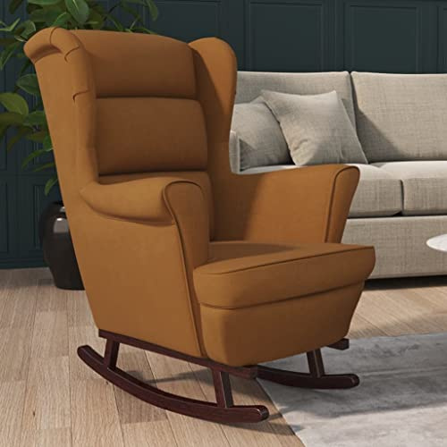 Emmtore Schaukelstuhl mit Massivholz-Gummibeinen Braun Samt Relaxstuhl Schaukelsessel Schwingsessel Relaxsessel Schwingstuhl Polstersessel Sessel