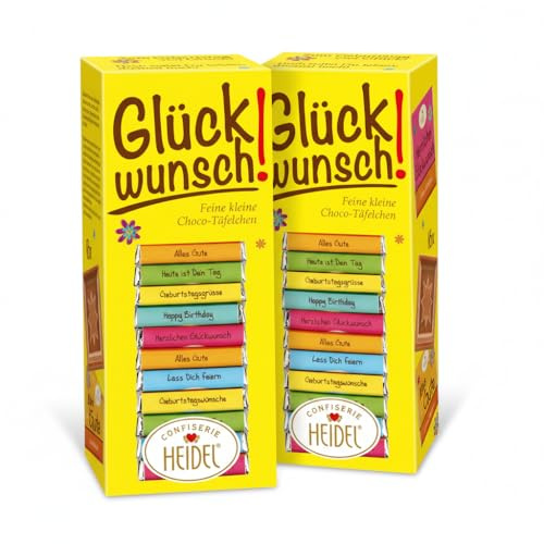 Heidel Glückwunsch - 2x 16 köstliche Mini- Schokolade Tafeln (160g) | 37% Edel-Vollmilchschokolade, einzeln verpackt, mit Glückwünschen & Glücksbotschaften, perfektes Mitbringsel zum Teilen