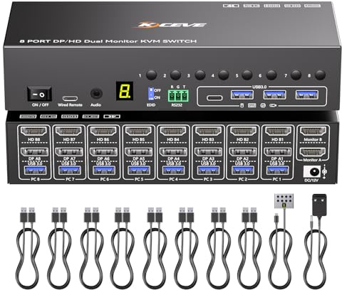 8 Port HDMI Displayport KVM Switch 2 Skärmar 4K@60Hz EDID Simulering, 8 PC Dual Monitor KVM Switch med 4 USB 3.0 Portar, Ljud, RS232, med Trådbunden Fjärrkontroll, 12V Strömadapter och 8 USB Kabel