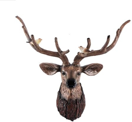 Hirschgeweih Dekos Wand Harz Hirschkopf-Wanddeko Aufwendig Geschnitzt | Realistische Darstellung Hirschkopf-Wanddeko Tierkopf Wanddekoration für Hausgarten Hof Dekoration(Brown)